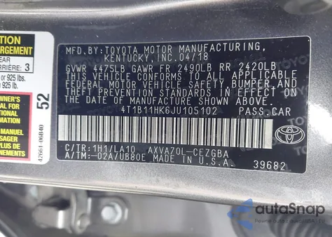 2018 Toyota Camry L z USA, uszkodzony, nr VIN 4T1B11HK6JU105102